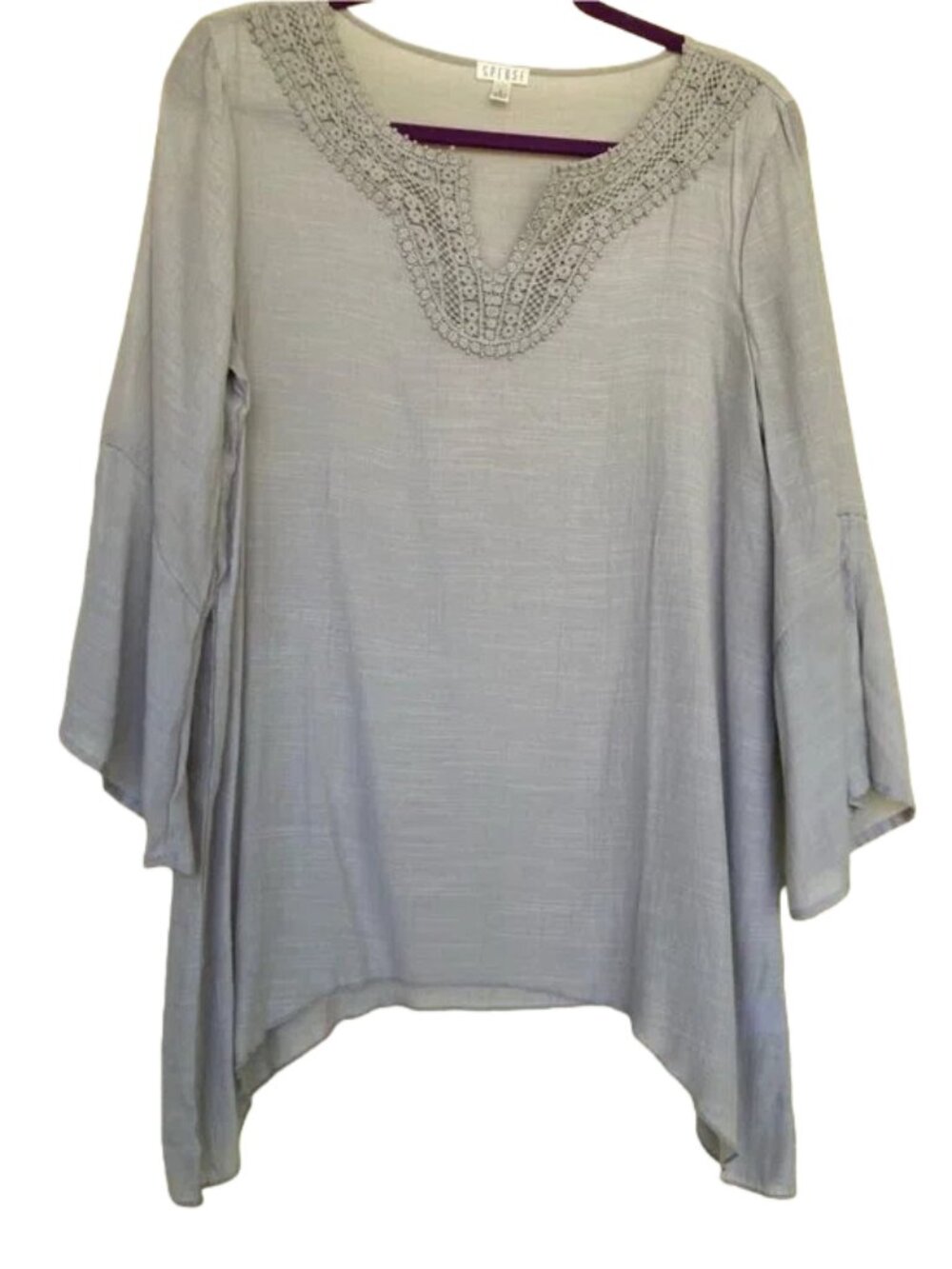 Spense Gray Lightweight Boho Style Crochet-Trim Tunic Top with Bell Sleeves